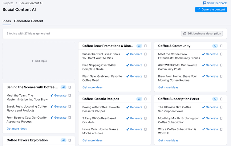 ai social content ideas for a coffee shop include topics like coffee recipes, behind the scenes, and community