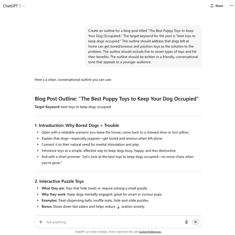 ChatGPT interface displaying a blog post outline titled “The Best Puppy Toys to Keep Your Dog Occupied.”