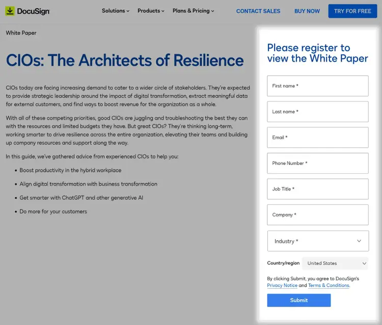 DocuSign's white paper registration page "CIOs: The Architects of Resillience"