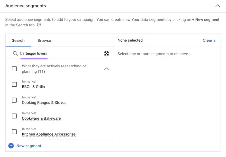Audience segment search for "barbeque lovers" with related in-market options; input field is underlined.