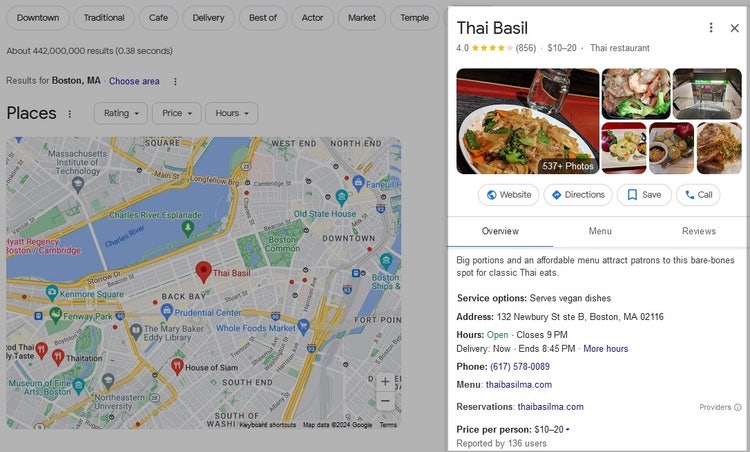Key business information on a Google Business Profile including a description, address, phone number, operating hours, price etc.
