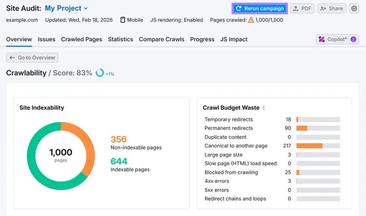Site Audit header with “Rerun campaign” button highlighted and crawl status 1,000 of 1,000 pages.