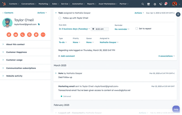 "Taylor O'neil" contact page in HubSpot CRM