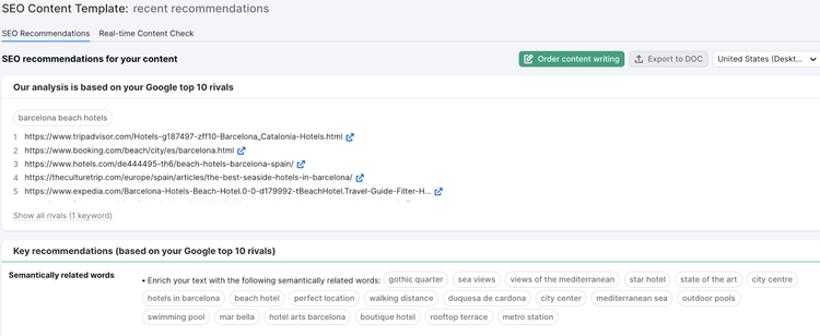 SEO content template with keyword recommendations for barcelona beach hotels