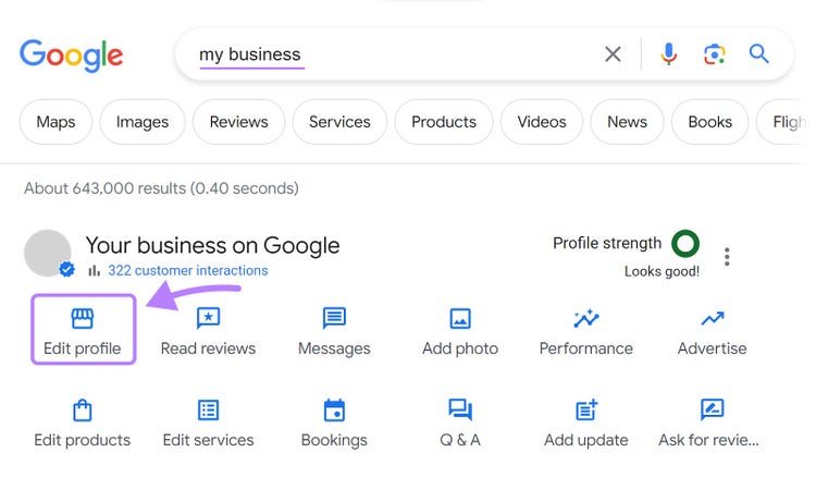 “Edit profile" option selected under Google dashboard