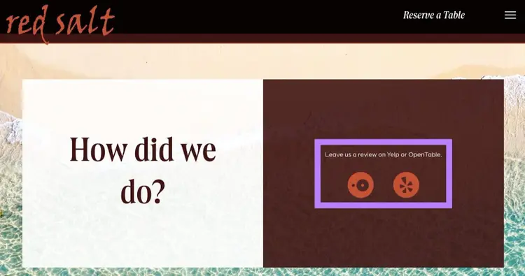 Links to review platforms like Yelp and OpenTable on the Red Salt website.