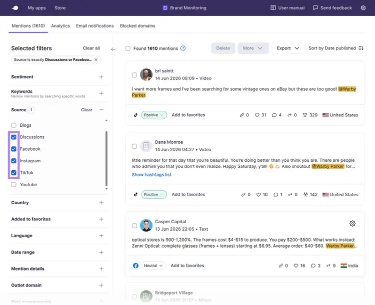 Semrush Brand Monitoring report showing social media mentions for Warby Parker