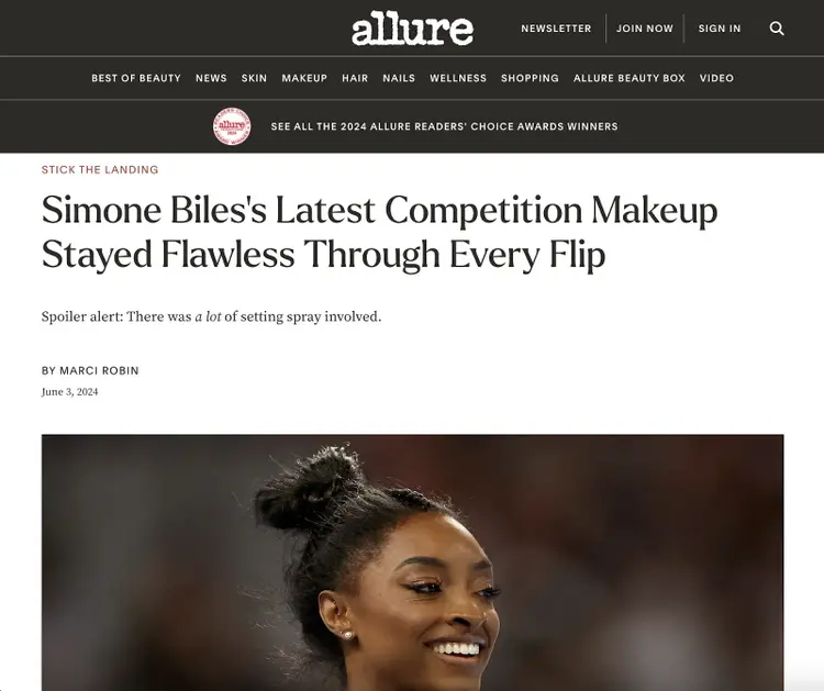 Allur's non-ymyl article on Simone Biles's makeup routine