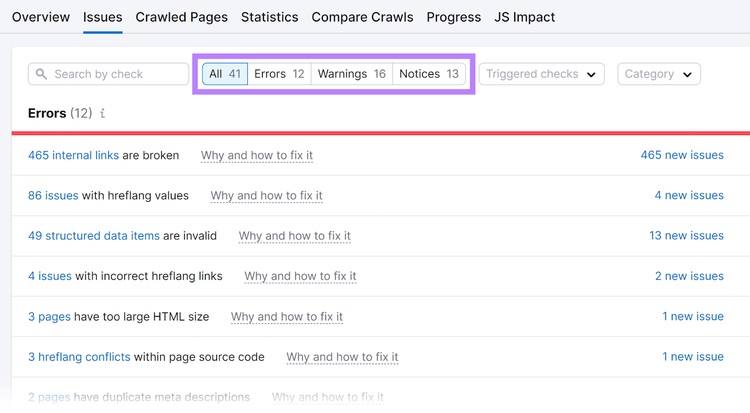 Site Audit Issues tab with filter options highlighted