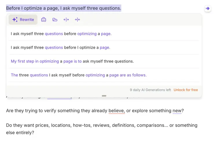 A sentence is highlighted with options for clarifying the grammar.