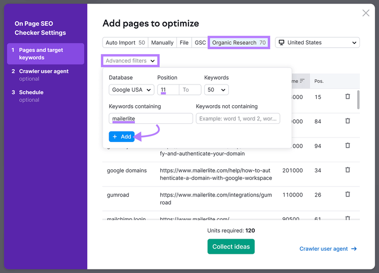 Organic Rankings tab selected, Advanced filter set to Positions 11+ with Keywords containing 'mailerlite'