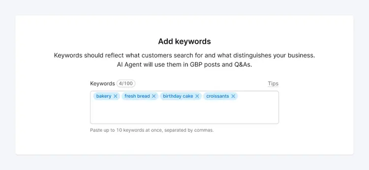 Add keywords interface showing 4 out of 100 keywords entered: bakery, fresh bread, birthday cake, croissants
