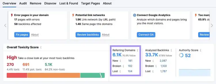 “Referring Domains” section highlighted in the Backlink Audit dashboard
