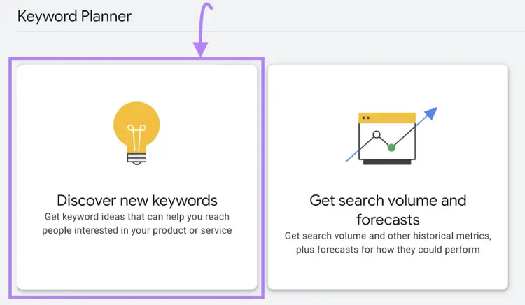 "Discover new keywords" widget selected under Keyword Planner