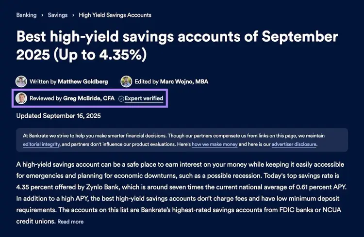 A Bankrate article with the “Reviewed by” label highlighted.