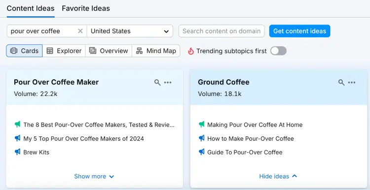 Topic Research overview for “pour-over coffee,” showing related topic cards