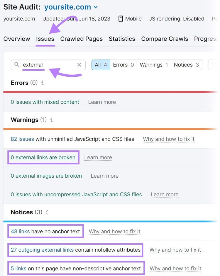 “Issues” tab with “external” typed in a search bar, showing results for external link issues