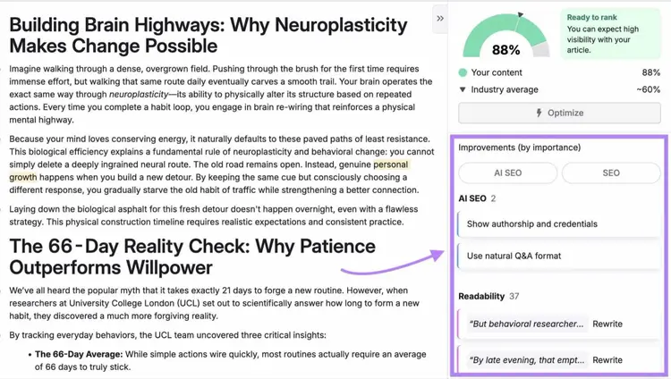 AI Search Optimizer showing content on the left along with improvement suggestions on the right.