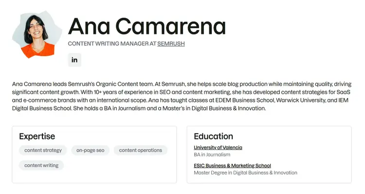 Semrush author profile for Ana Camarena showing her role, biography, expertise, and education