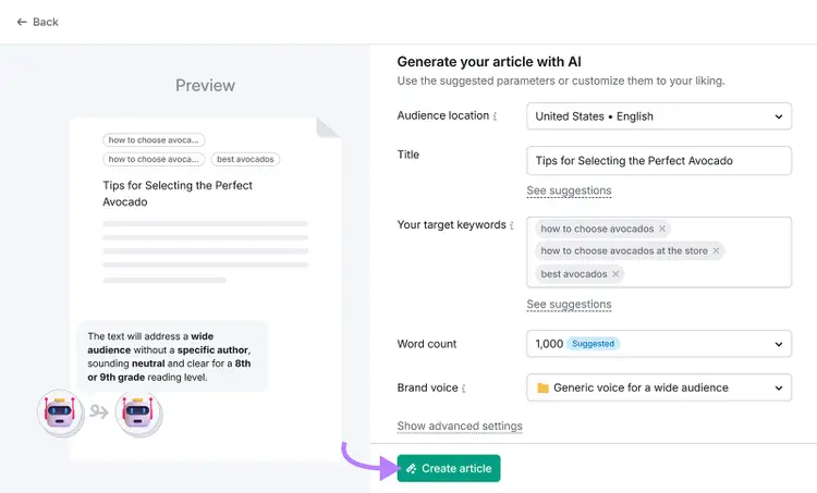 Content Toolkit Interface showing AI article setup with title, keywords, and “Create article” button highlighted by an arrow.