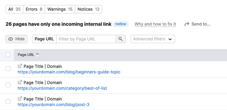 list of pages with only one incoming internal link