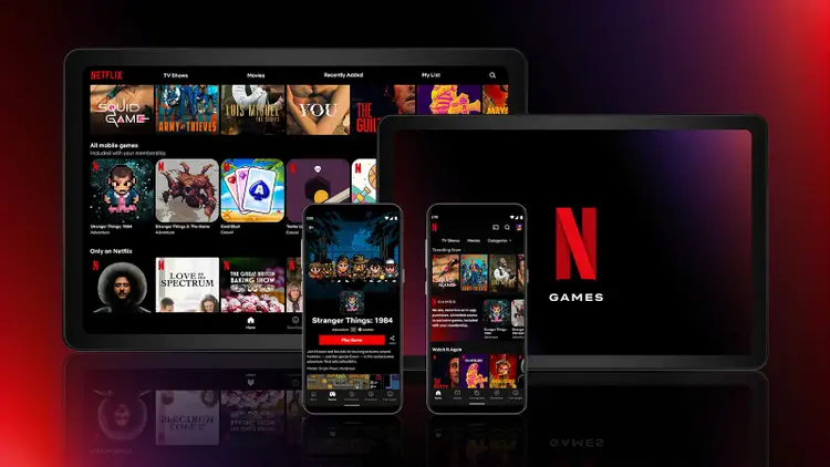 Netflix Games interface across devices showing game titles