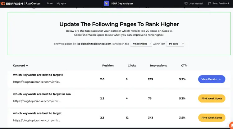 SERP Gap Analyzer showing keyword rankings and performance metrics
