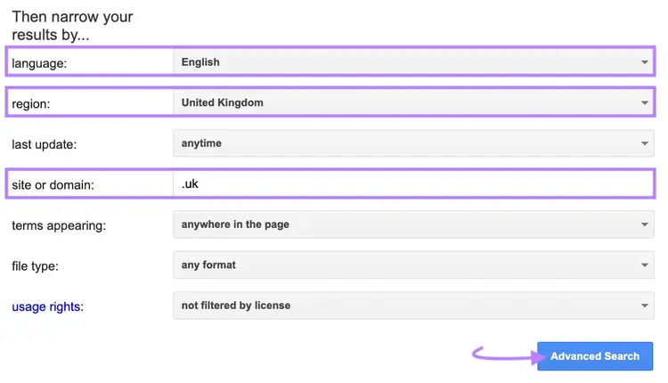 Options to further narrow results by language, region, etc., on Google's advanced search page.