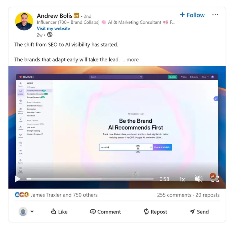 LinkedIn post preview showing the Semrush AI Visibility screen with a domain input field.