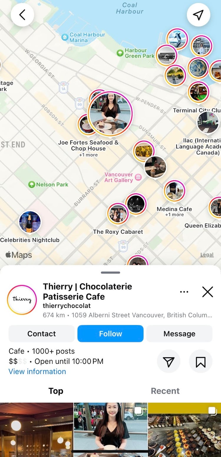 Instagram Places search for the business shows recents posts with that tagged location