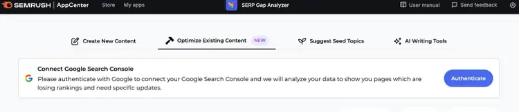 Semrush dashboard tabs with Google Search Console connection option