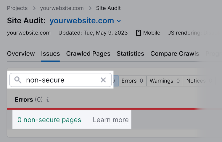 search for “non-secure” in Site Audit "Issues" tab