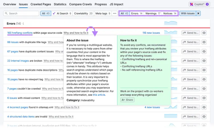 SEO issues report showing hreflang conflicts with arrow pointing to fix details popup.