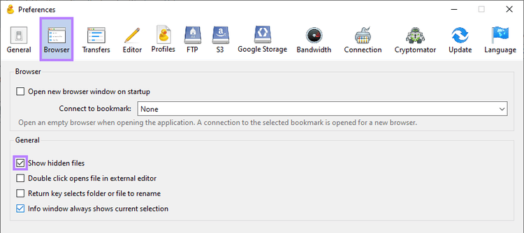 Cyberduck FTP client browser with the option to show hidden files.
