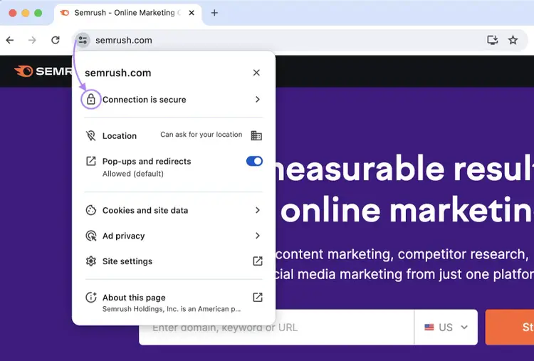 The toggle button next to a URL in the search bar shows a drop down with a padlock that says "connection is secure."