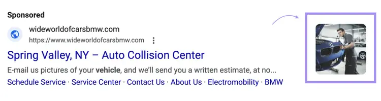 An image extension added to a Google search ad
