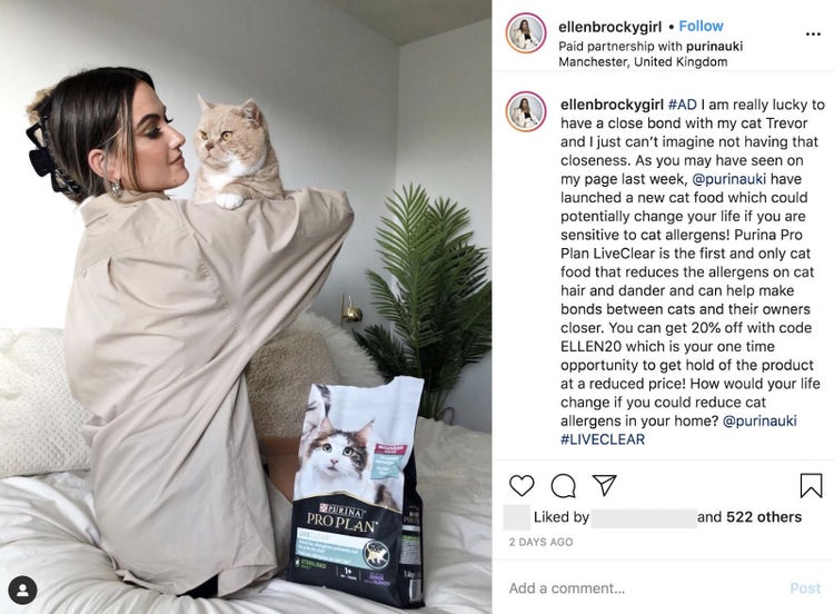 Influencer marketing example by Purina who have collaborated with Ellen Brock to create a sponsored post on Instagram.