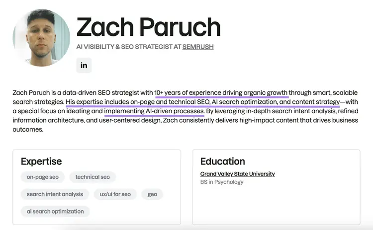 An author bio on Semrush highlighting the writer's body of work and expertise.