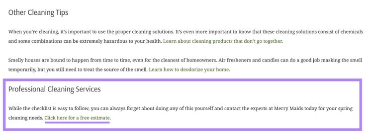 The last paragraph of a blog article by Merry Maids about the brand's cleaning services along with a CTA for a free quote highlighted.