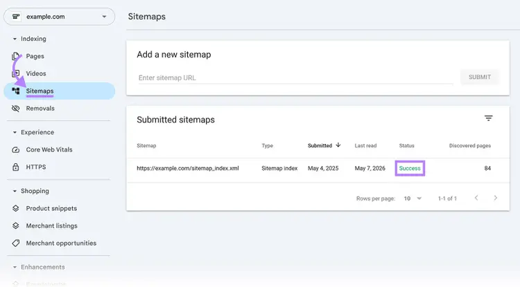 Google Search Console Sitemaps report showing successful sitemap submission and indexed pages count