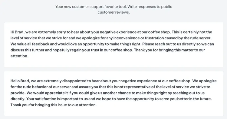 AI-generated replies to google reviews created