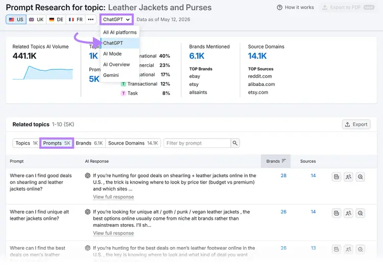 Semrush Prompt Research tool showing buyer intent prompts and AI platform filters