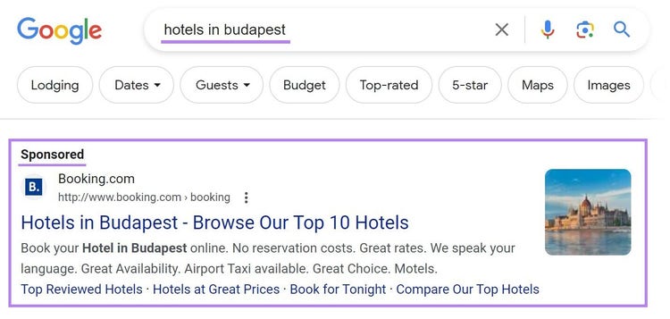 Booking.com add for "hotels in budapest" query in Google