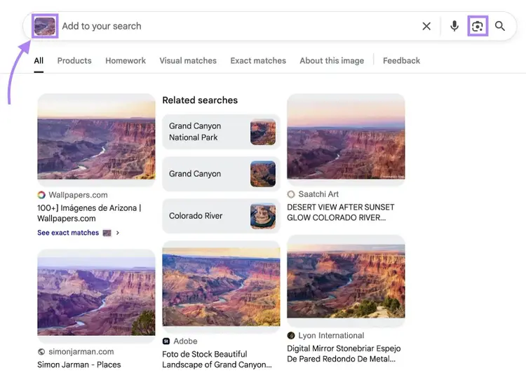 Clicking the camera icon on the search bar and uploading an image on Google to identify a landmark.