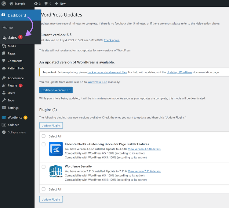 Screenshot of the WordPress “Updates” page showing updates available for site