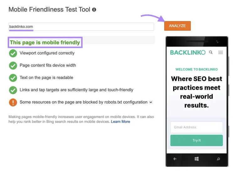 Bing’s Mobile Friendliness Test Tool with "backlinko.com" entered, "Analyze" clicked, and the result "This page is mobile friendly" highlighted.