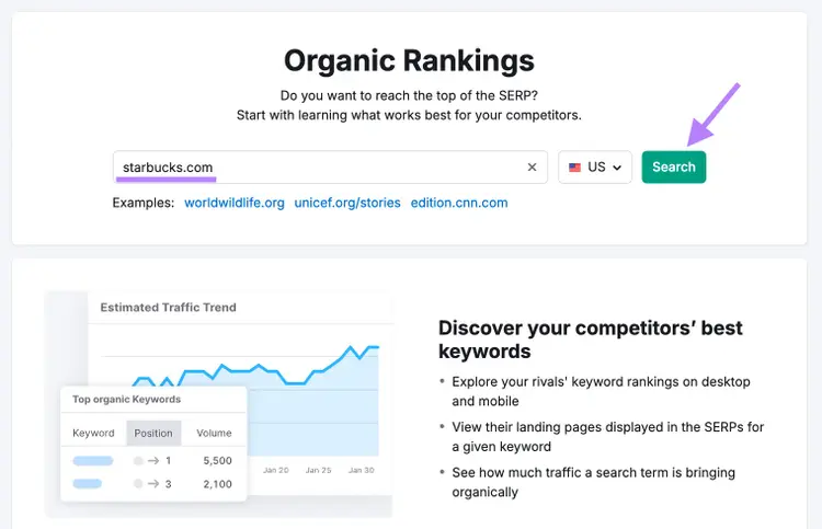 Semrush organic rankings tool