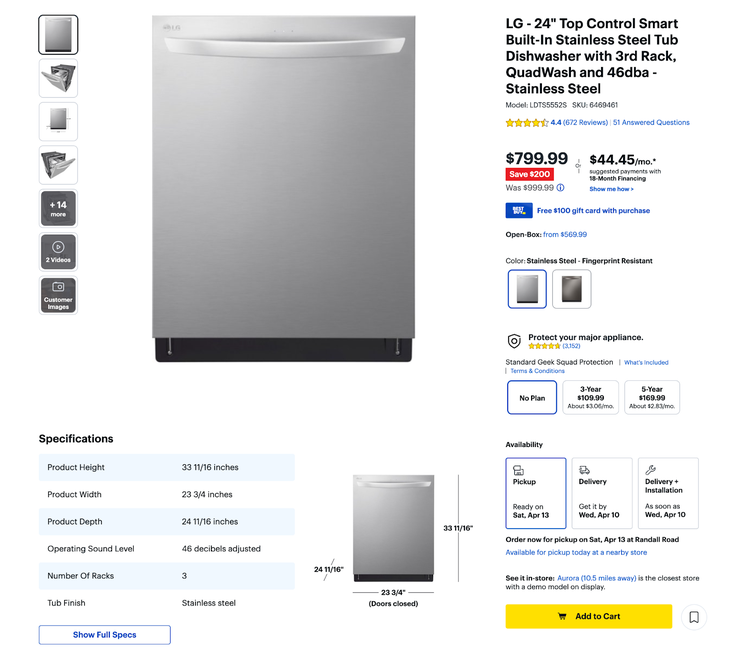 Best Buy product page for built-in dishwasher detailing product info including specifications
