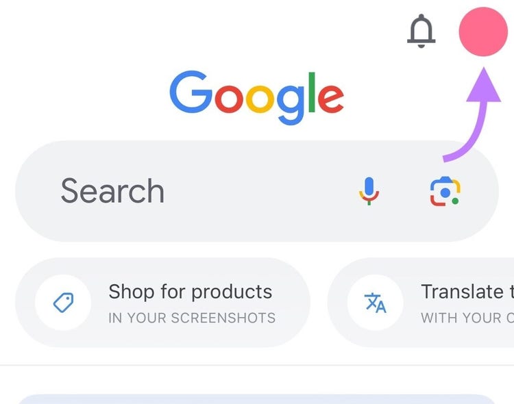 Profile picture highlighted in Google app