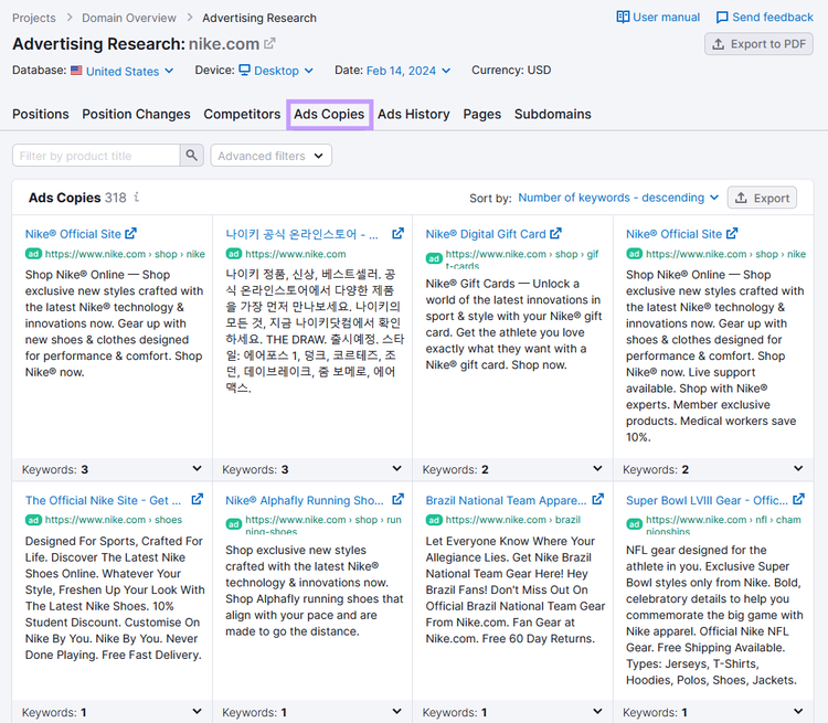 "Ads Copies" dashboard in Advertising Research tool